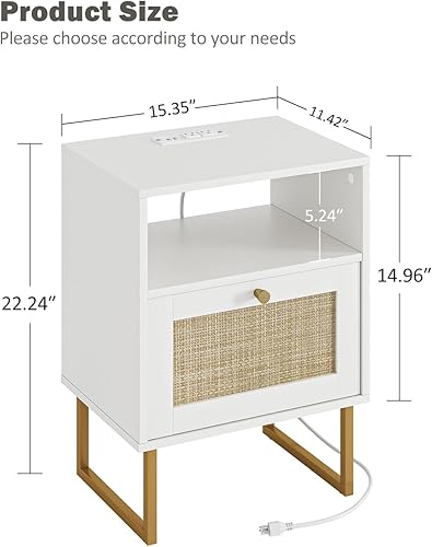 Miniatura 2 de Mesita de noche de ratán con estación de carga, mesita de noche bohemia de madera con almacenamiento y estante abierto, mesa auxiliar auxiliar para