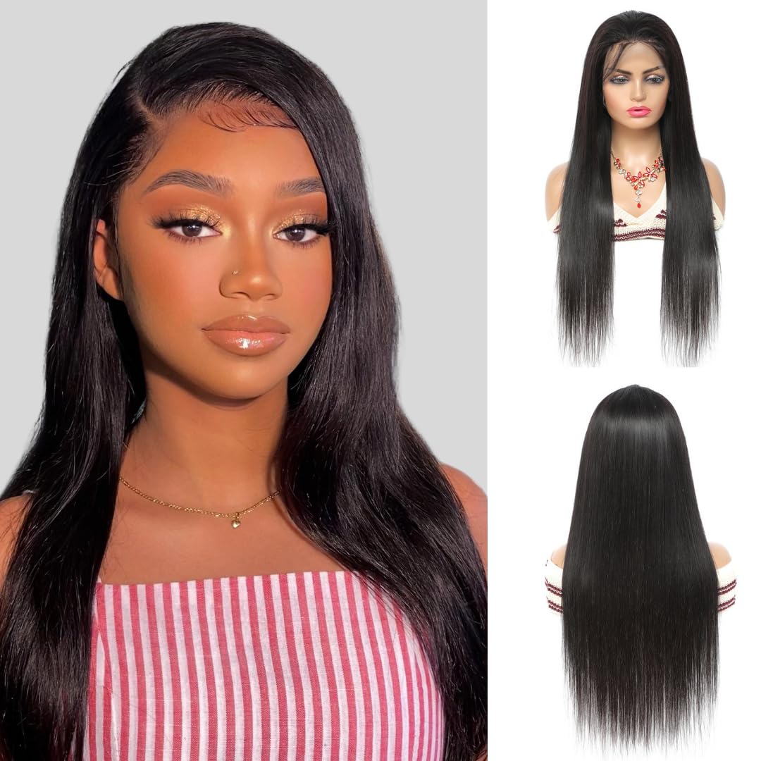 ALHER Small Cap Lace Front Wigs Human Hair Pre Plucked Straight, 13X4 Transparent Lace Frontal Wigs With Baby Hair 150% Density for Black Women, 12A Small Cap Size 21-21.5 Natural Black Wig 18 Inch