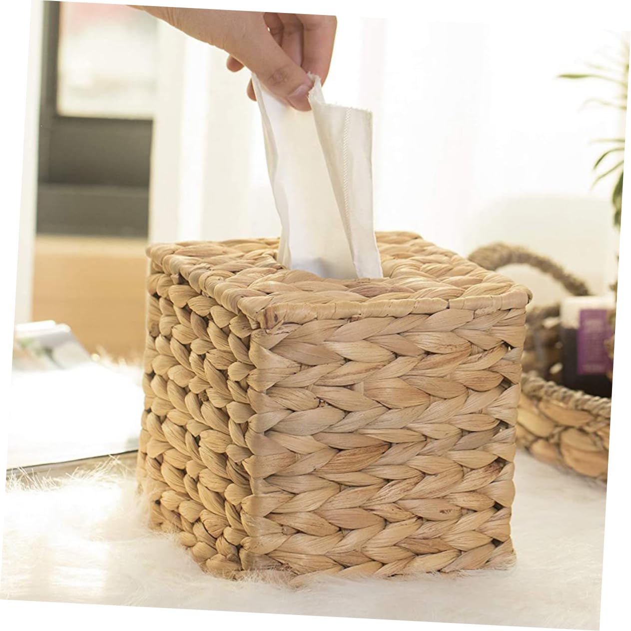 IMIKEYA Cestino Porta Fazzoletti Rettangolare Intrecciato Mano in Giunco Naturale Contenitore Di Tessuti Decorativo Per Casa Stile Country Organizer Salvaspazio Per Desktop