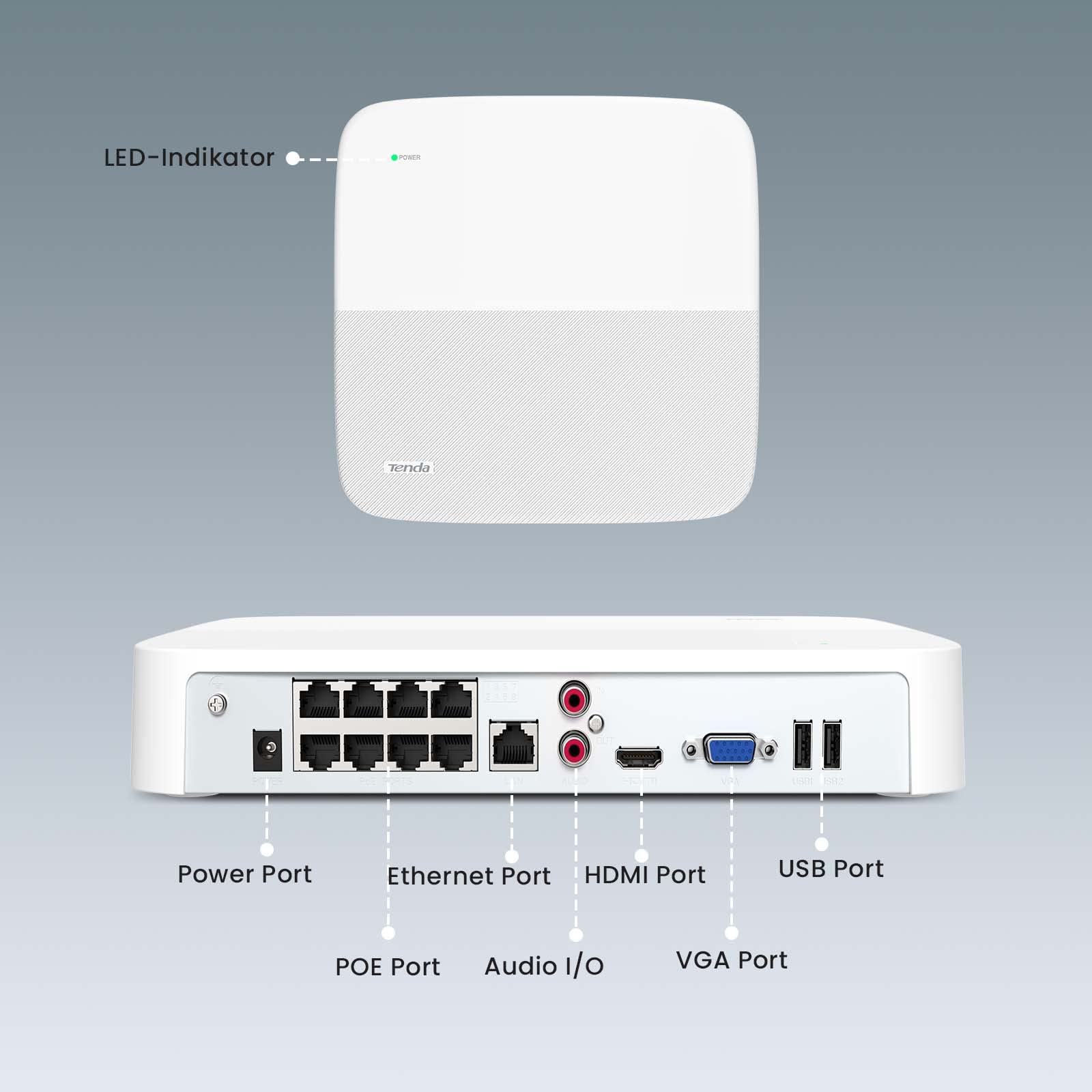 Tenda NVR Überwachungssystem Rekorder 4K, 8CH PoE NVR Recorder, 250m Langstreckenübertragung, H.265+, Plug und Play, HDD(bis zu 10TB)/Cloud Storage, 4KV Blitzschutz, APP Fernüberwachung, N6P-8H