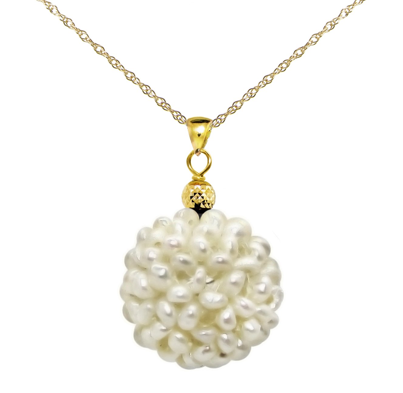 14k Yellow Gold Snowball Design with Pyramid Bead 18-19mm White Freshwater Pearl Pendant 18"-image-28