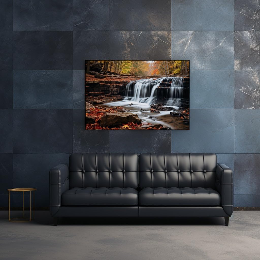 Canvas for Living room. Whispers of Autumn Serenity in a Long Exposure Waterfall Wonderland, 27 x 18 inch Canvas Wall Art - Contemporary Masterpieces - Modern Home Decor