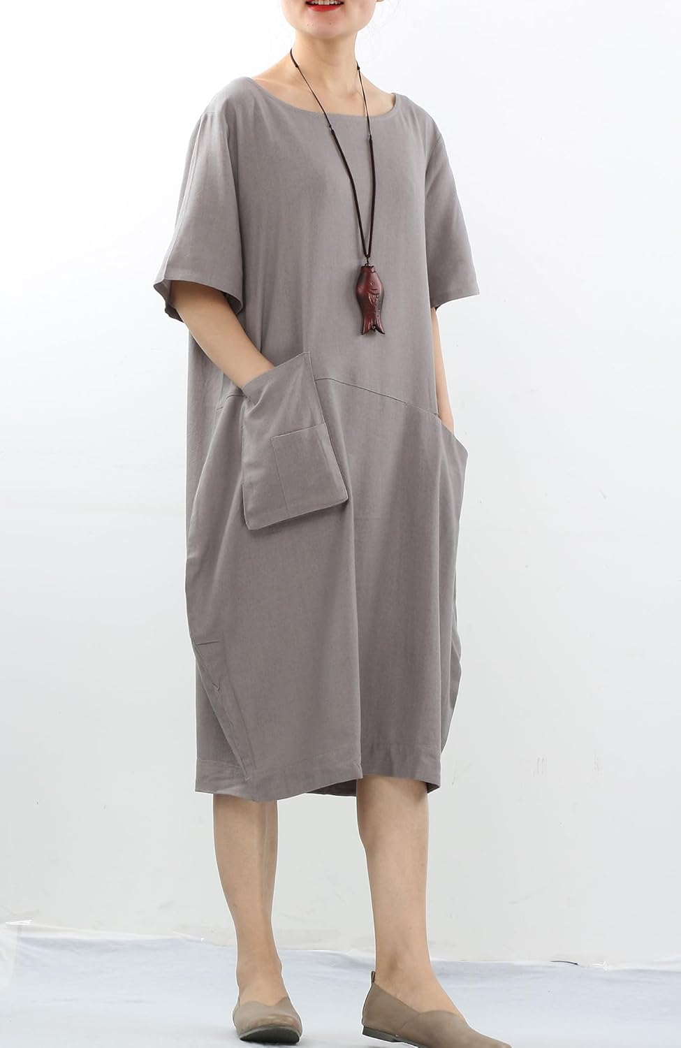 Minibee Women's Linen Tunic Dress Summer Short Sleeve Casual Kaftan Flowy Midi Dresses with Pockets - Image 3