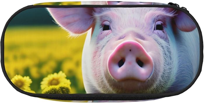 Rape Flower Pig Print Portable Pencil Bag With Zipper,Stationery Storage Pen Bag For Office Organizer