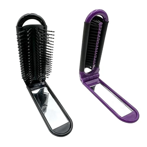 Cepillo de pelo de viaje con espejo, paquete de 2 unidades negro y morado, cepillo húmedo plegable compacto, mini peine de masaje, herramienta de
