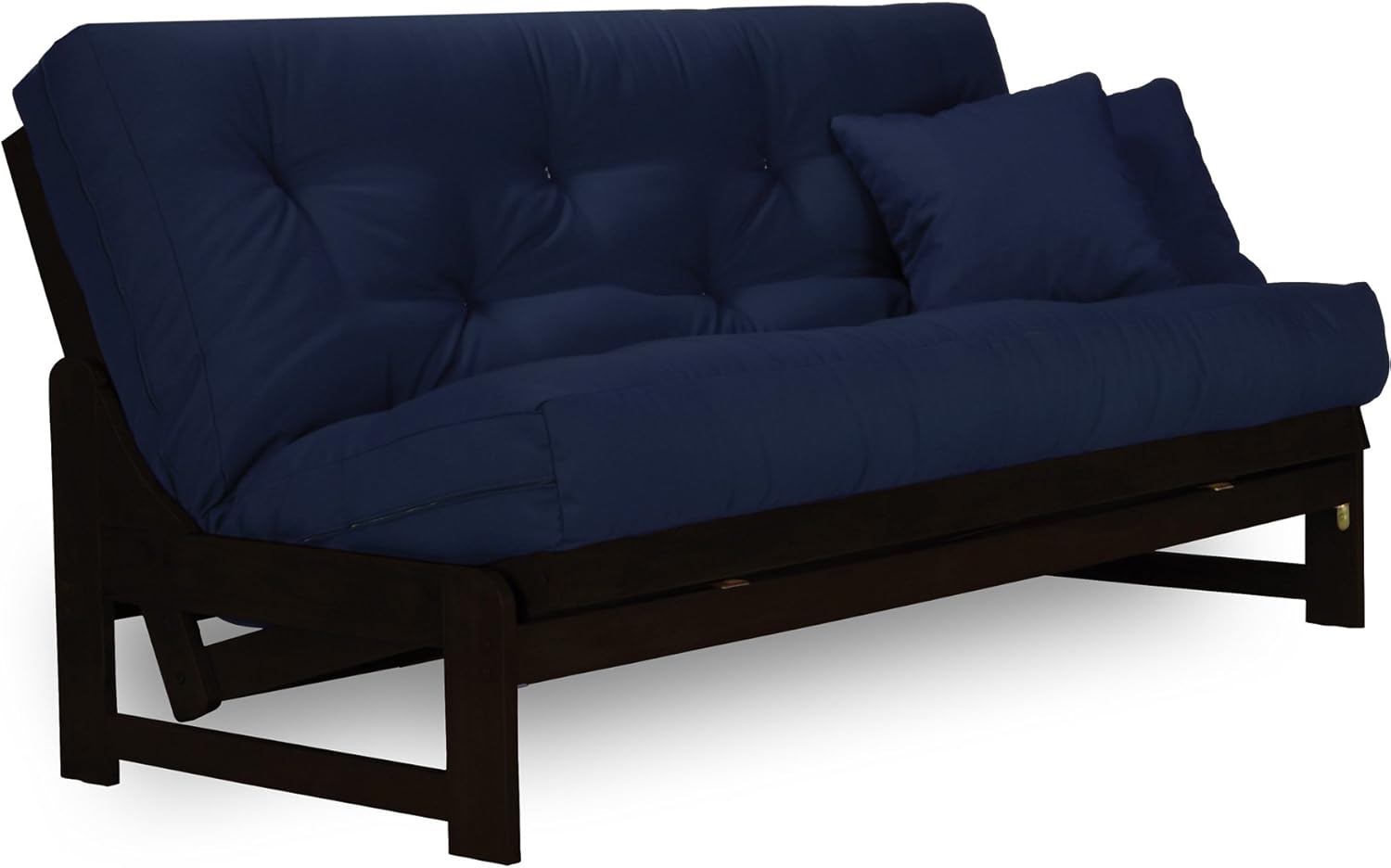 Nirvana Futons Arden Dark Espresso (Near Black) Futon Set Queen Size - Armless Futon Frame with Mattress Included (Twill Navy Blue), Space Saving Sofa Bed Sleeper