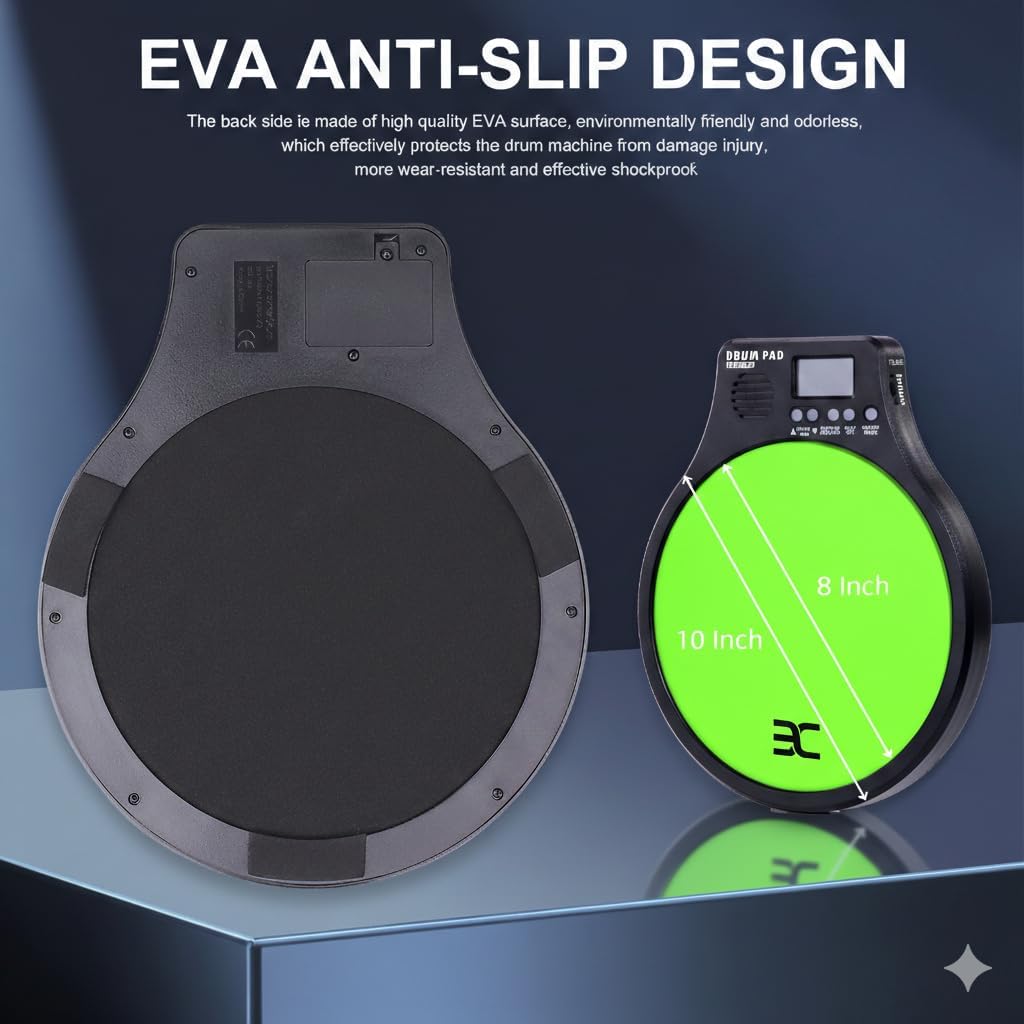 EX [3-IN-1] Portable Digital Electronic Drum Pad, with [Metronome, Speed Detection & Tap Counting] 10″ TPR Practice Pad, Green