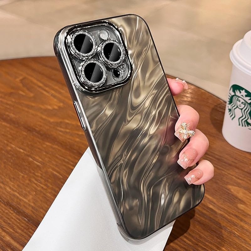 Image of COVERLY for iPhone 12 Pro Hot Diamond Ring Lens Film Camera Protection Phone Case, Luxury 3D Laser Cut Water Ripple Mirror Gradient Glitter Colorful Hard Mobile Cover for Apple iPhone 12 Pro (Black)