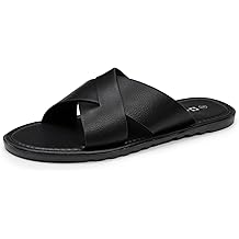Hugo Men&rsquo;s Vegan Leather Slide Sandals | Dressy &amp; Comfortable Indoor Outdoor Shoes | Cross Strap Design for Casual &amp; Elevated Wear | Water-Resistant &amp; Anti-Slip Traction Flip Flops