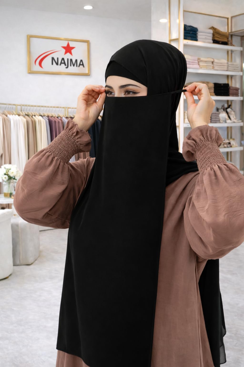 NAJMA Nikab Luxe en Soie de Médine – Voile Intégral Premium pour Femme Musulmane – Finition Haute Couture, Tissu Ultra Doux & Léger – Confort Élégance & Pudeur