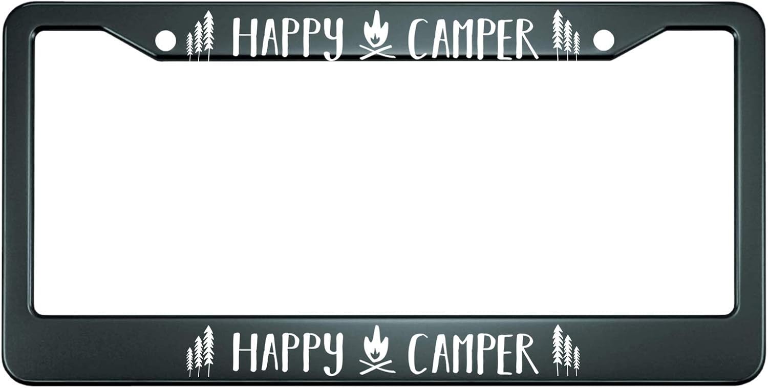 HOSNYE Happy Camper with Campfire License Plate Frame Metal License Plate Cover Front Plates Frames Car Tag Frame for Women Men US Vehicles Standard