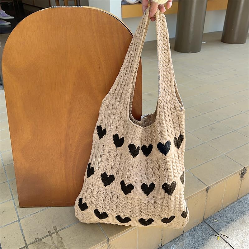 Bolso Tote de Punto con Diseño de Corazón, Casual y Plegable miniatura 5