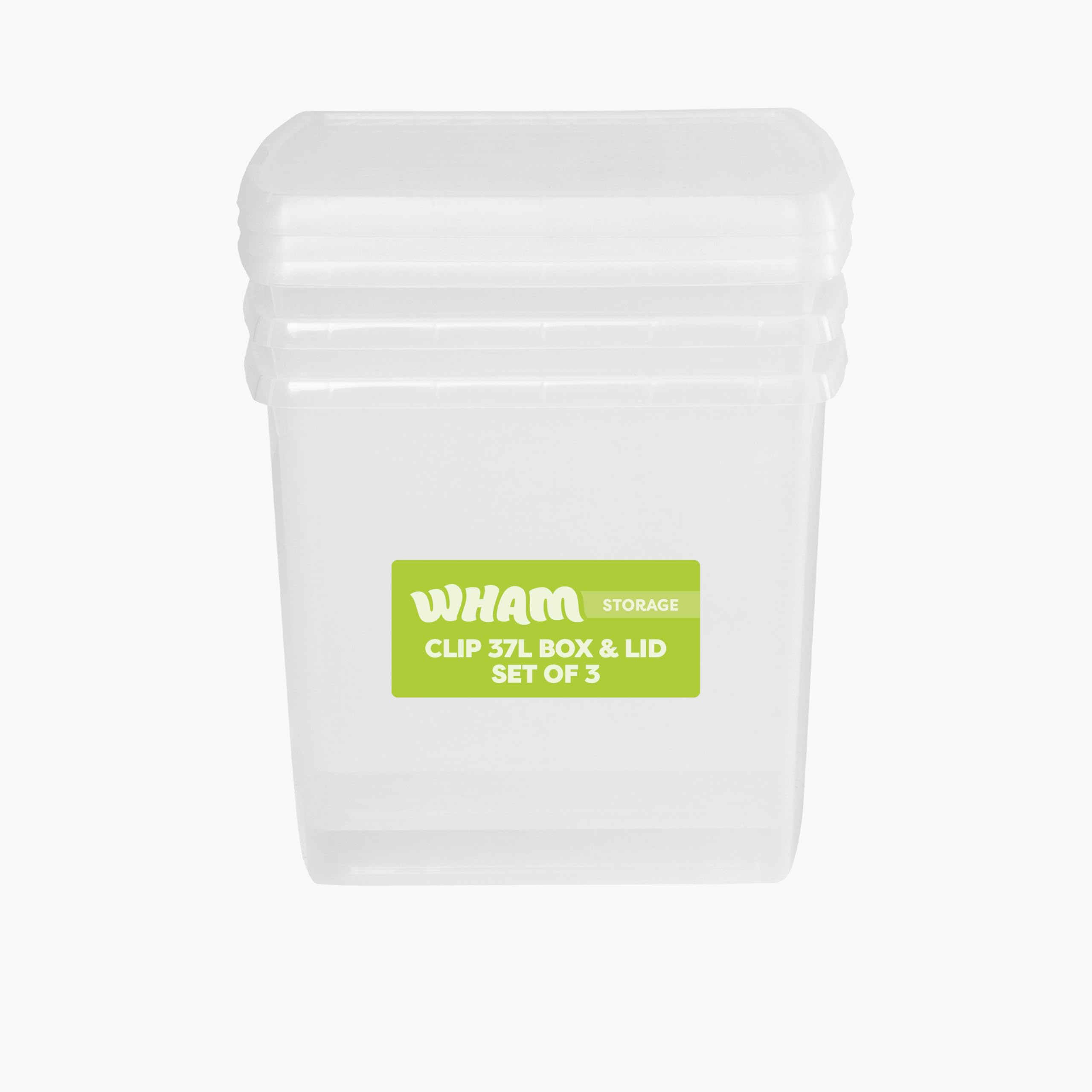 Wham Clip 3 x 37L Square Stackable Plastic Storage Boxes with Lids | Ideal for Home, Office, Toys & More | Storage Containers with Clip Locks | Made in UK - Clear/Clear