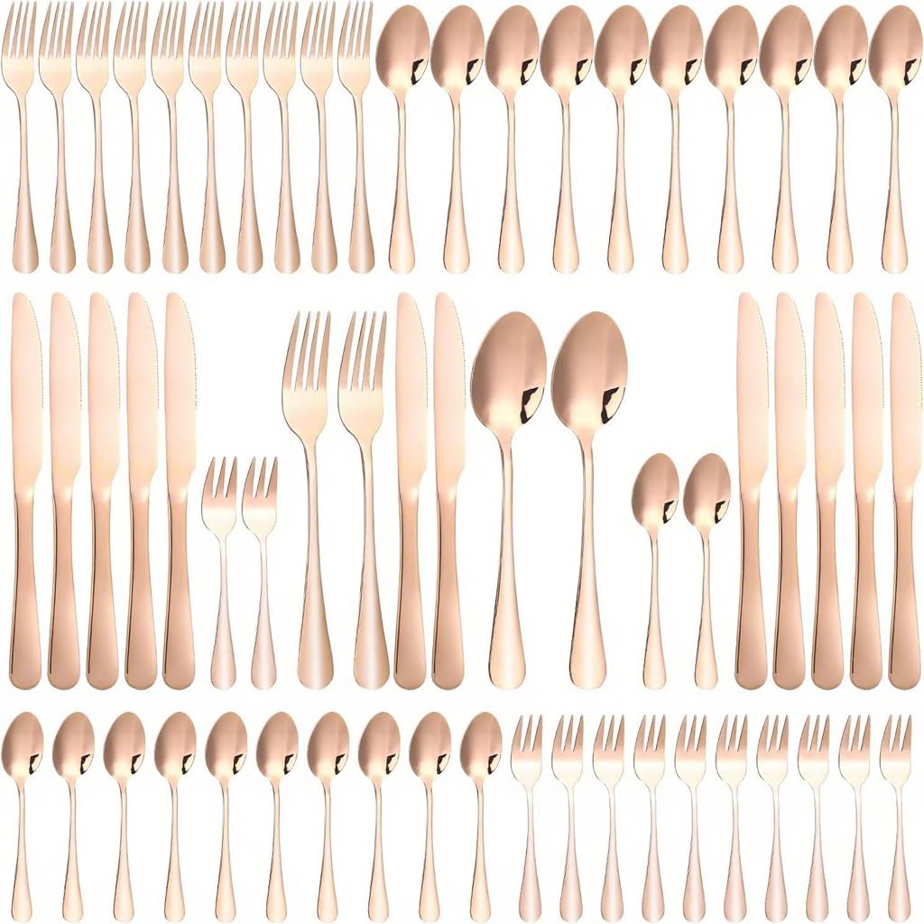 Cuberterias Completas 12 Personas, 60 Piezas Cubiertos, Muy Pulidos y Aptos para Lavavajillas, Cuberteria Dorada Elegantes, con Tenedor/Cuchara/Cuchillo, para Casa, Fiesta, Restaurante