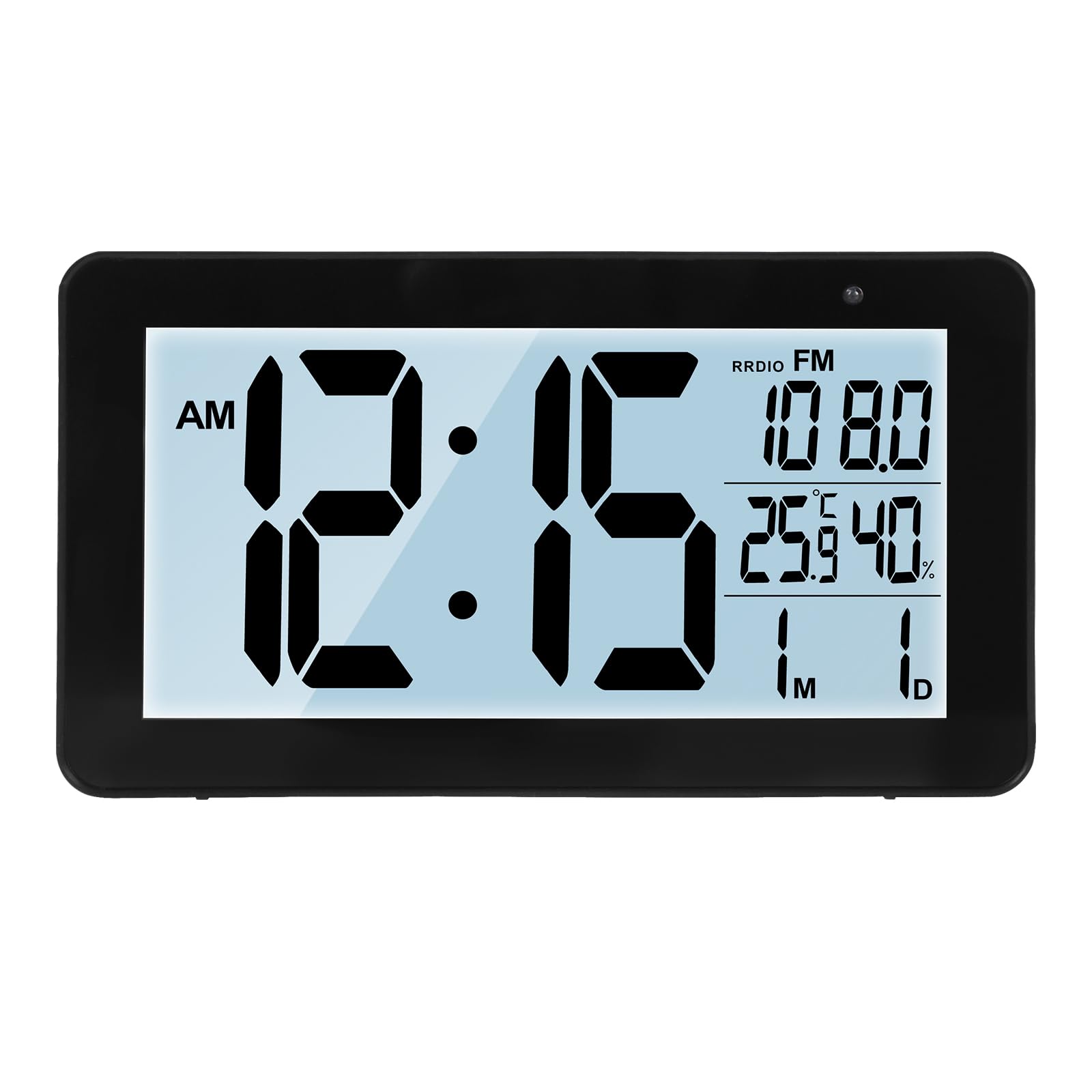 Seutgjie Radio Alarm Clocks Bedside Battery/Mains Powered with Backlight Temperature Humidity Date Dual Alarm Snooze Mode 12/24 Hours