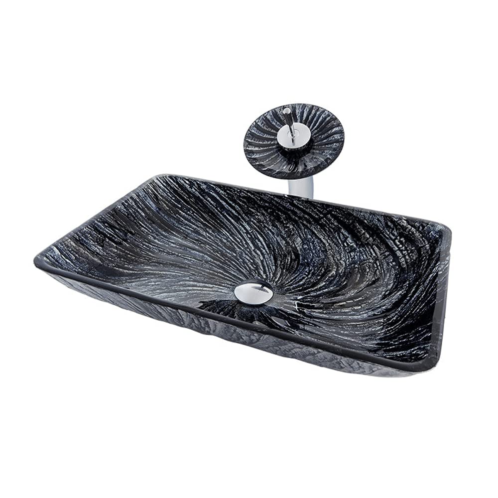 Aioneer Bathroom Vessel Sink Tempered Glass Vanity Sink Above Counter With Waterfall Faucet Bathroom Sink For Cabinet Lavatory Hotel Art Basin Home Washing Basin With Pop Up Drai-A