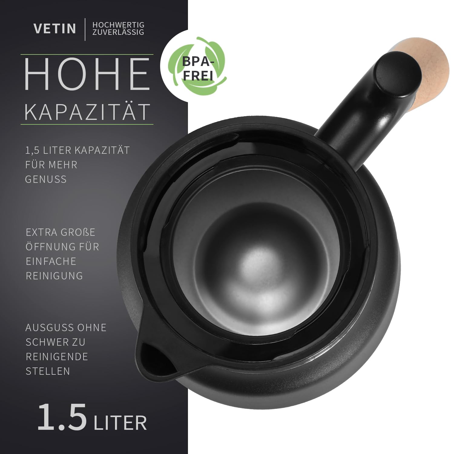 VETIN Thermo, thermos da 1,5 l, con filtro da tè, teiera con inserto per colino, Thermo, caffettiera termica 304, in acciaio inox, con manico effetto legno, 10 ore, 16 ore di freddo (nero)