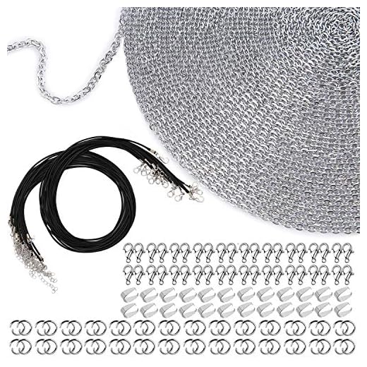 Corrente de joias EuTengHao com 100 aneis de salto e 30 fechos de lagosta 5 cordoes encerados 1,5 mm corrente de joia banhada a prata de aco inoxidavel para reparo de joias