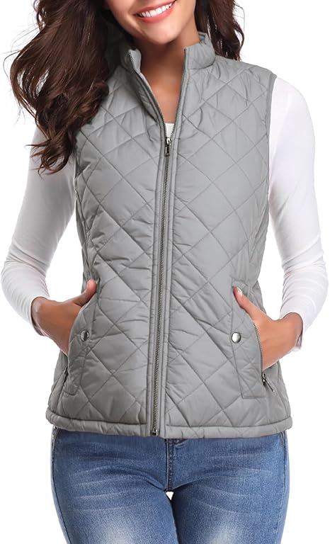 Fuinloth Women's Quilted Vest, Stand Collar Lightweight Zip Padded Gilet