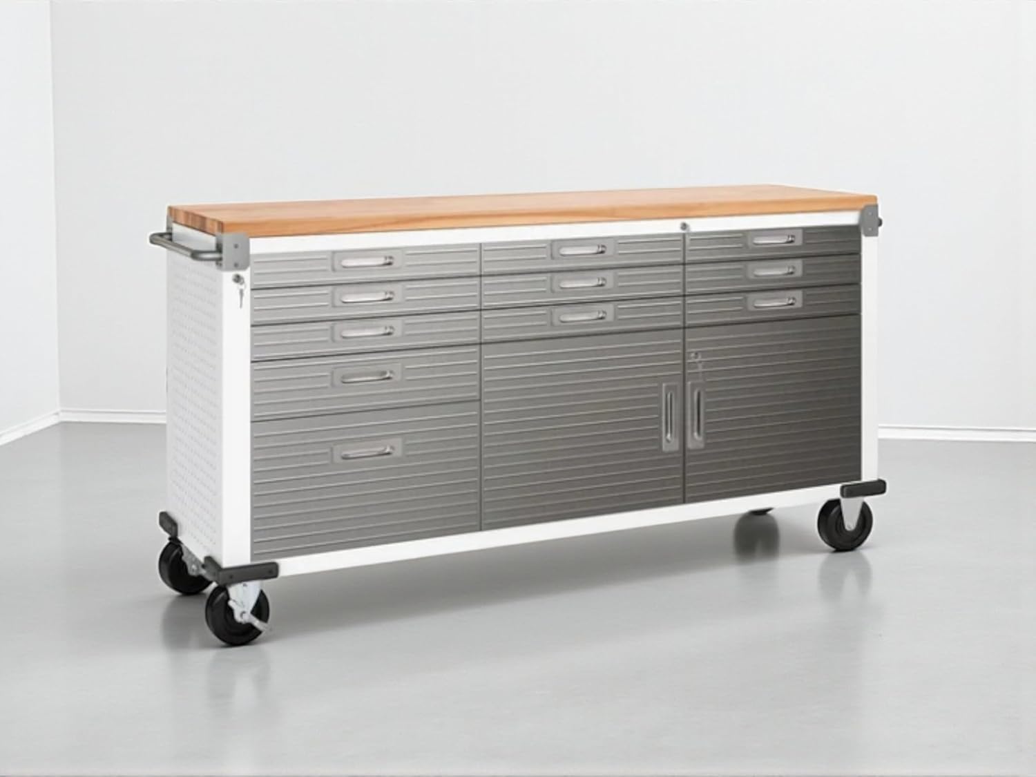 Heavy-Duty Rolling Workbench with Drawers and Cabinet, 72" W x 25" D x 38" H, Gray (White, 11 Drawer)