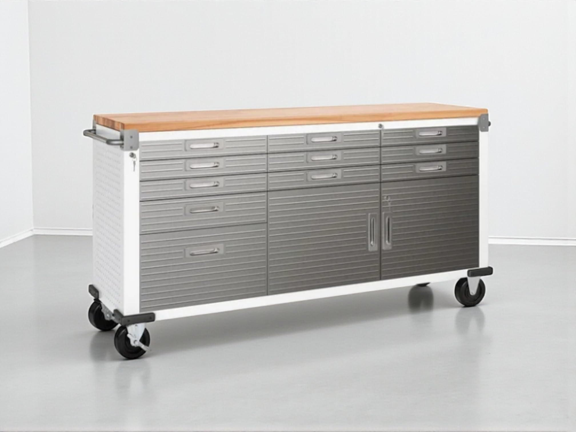 Heavy-Duty Rolling Workbench with Drawers and Cabinet, 72" W x 25" D x 38" H, Gray (White, 11 Drawer)
