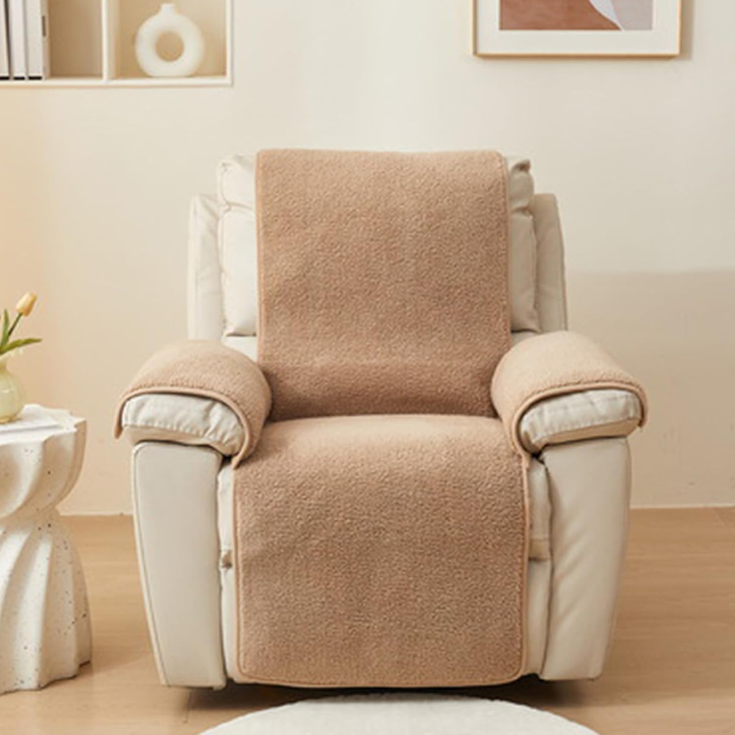 Sherpa Fleece Recliner Chair Cover, Soft Fluffy Couch Recliner Cover, Sofa Slipcover, Stay in Place, Non Slip, Washable, Furniture Protector, Camel, 22"x82"