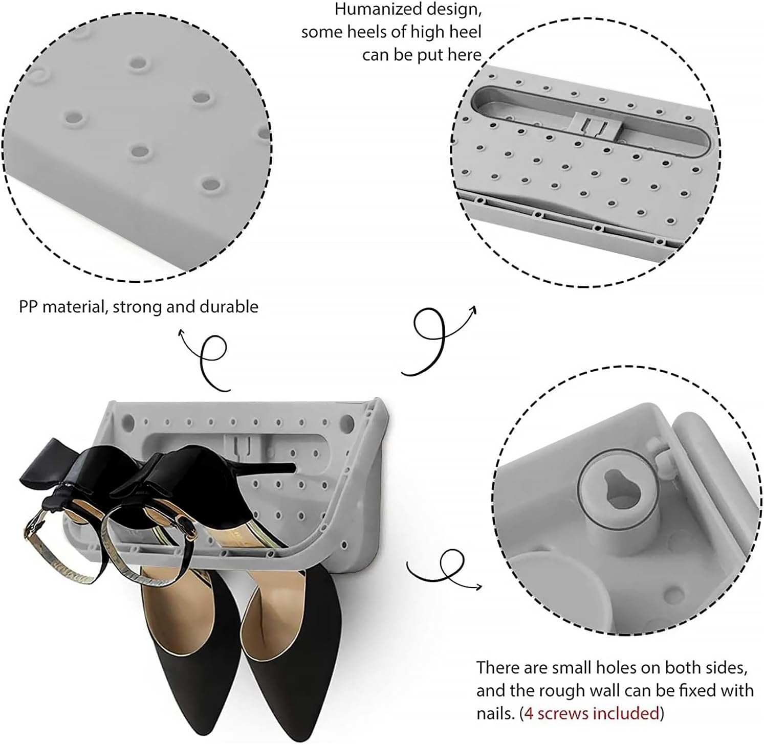 4Pcs Wall Mounted Shoes Rack, Folding Hanging Space Saver Shelf for Shoes Storage Rack, without Drilling Draining Removable Shoes Plastic for Entryway Over the Door Shoe Hangers Max Hold 10KG-4 Grey
