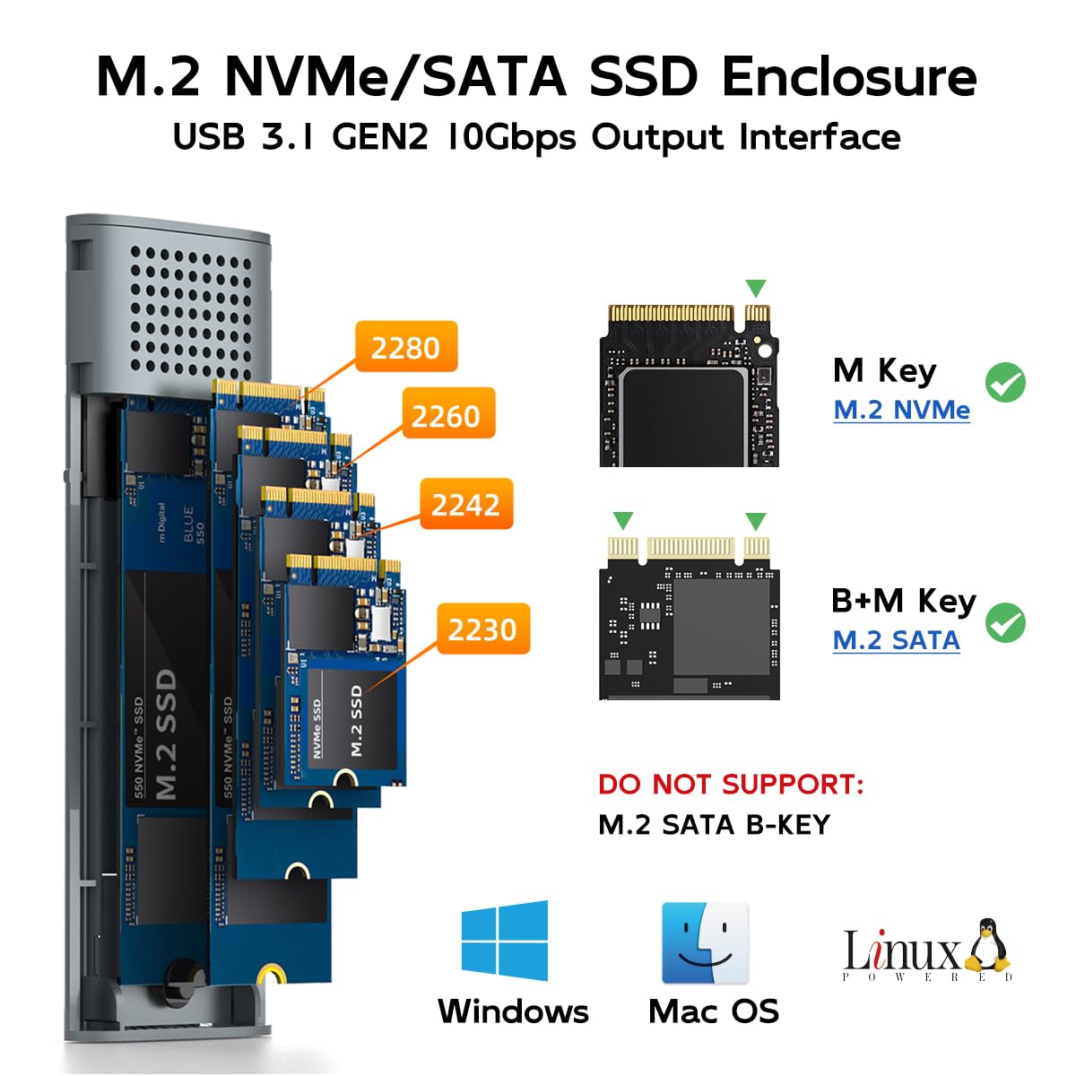 Carcasa SSD M.2 para unidad de estado sólido PCIe NVMe y NGFF SATA, USB C 3.1 10Gbps con ajuste UASP, capacidad de 8 TB, sin herramientas 3
