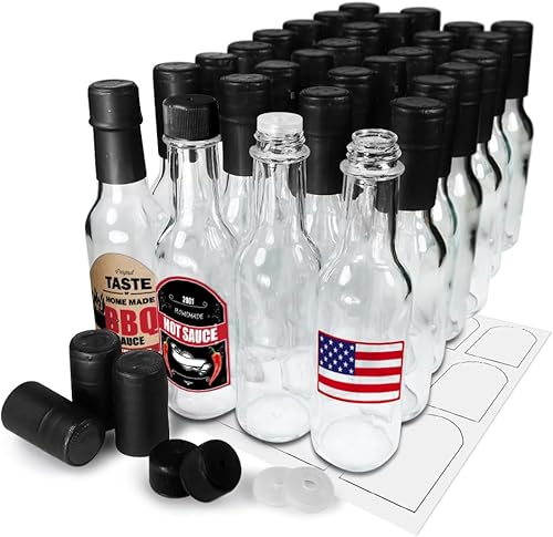 Botellas de salsa picante de 5 onzas, botellas vacías de vidrio transparente con cápsulas retráctiles, botella de vino pequeña con bandas Shirnk,