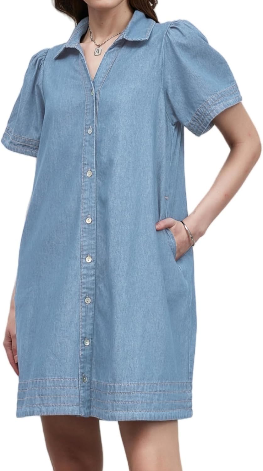 Women Denim Shirt Dress Summer Casual Short Sleeve Button Down V Neck Loose Jean Mini Dress - Image 2