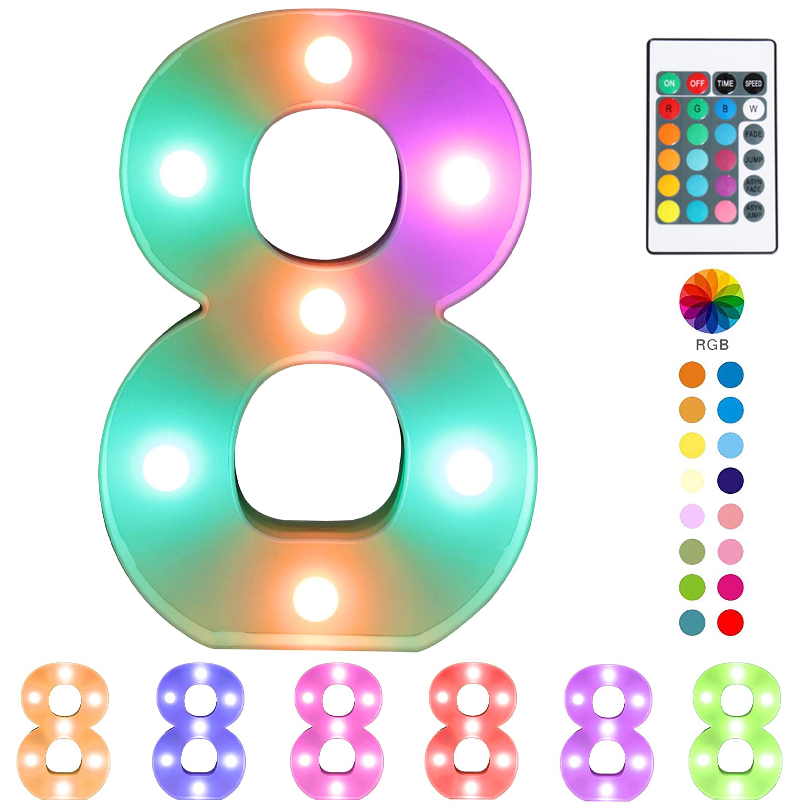 Pooqla Colorful Light Up Numbers with Remote,Color Changing LED Marquee Number Lights, Lighted Number Signs for Party Room Birthday Anniversary Wedding Decoration, Multicolor Number 8