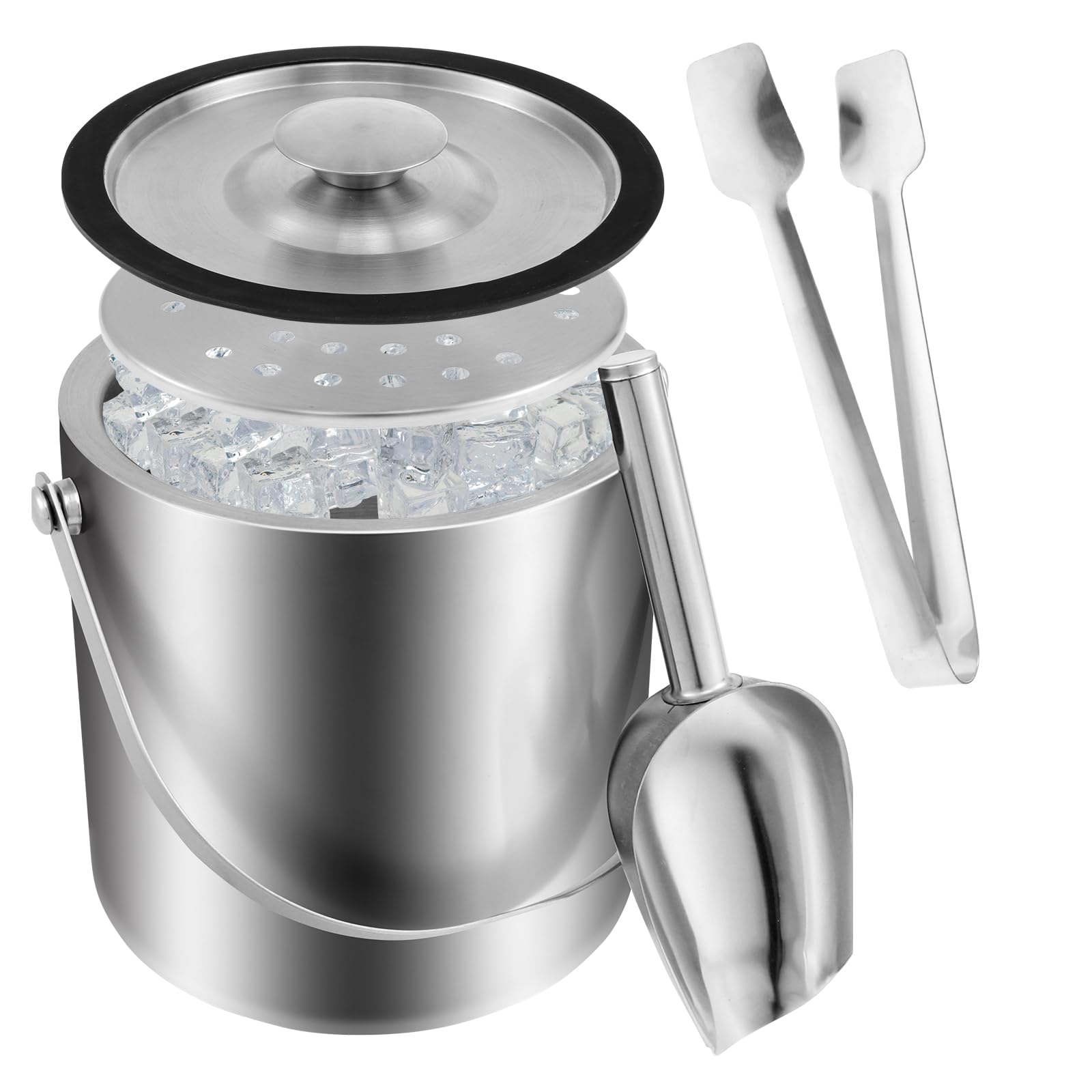 Double Walled Stainless Steel Insulated Ice Bucket with Removable Lid And Ice Tong, 2L Champagne Buckets Ices Bucket with Strainer and Scoop for Home Bar, Restaurant, BBQ, Parties, Clubs