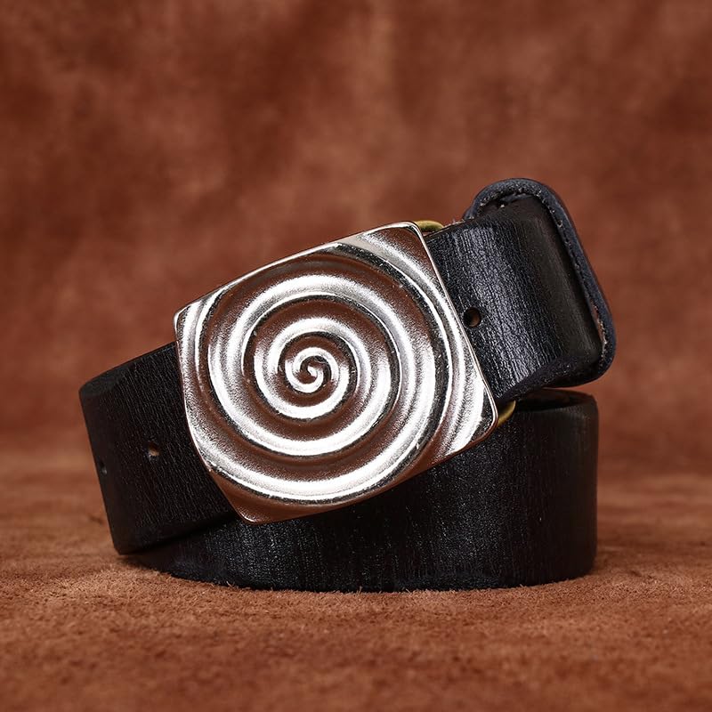 Retro Snap Belts with Engraved Unique Spiral Shapes Silver Buckle - Washed Top Grain Leather Strap for Every Occasion(130cm/51, Black)3