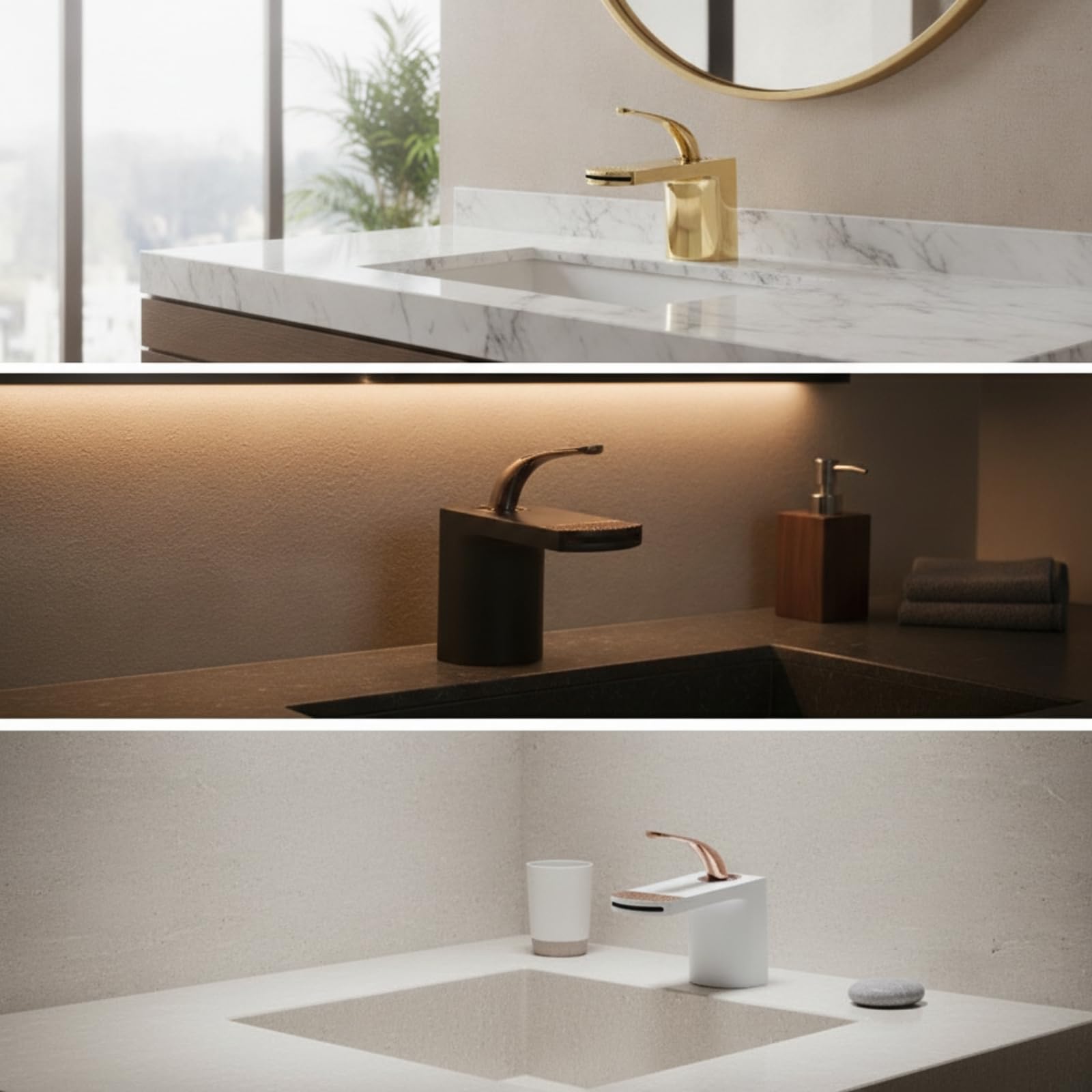 rockible Grifo para Lavabo de Baño Grifo Cascada Monomando Mezclador para Lavabo de Encimera Cuerpo Metálico Pulido Material de Cobre y Cerámica Diseño Moderno, Dorado