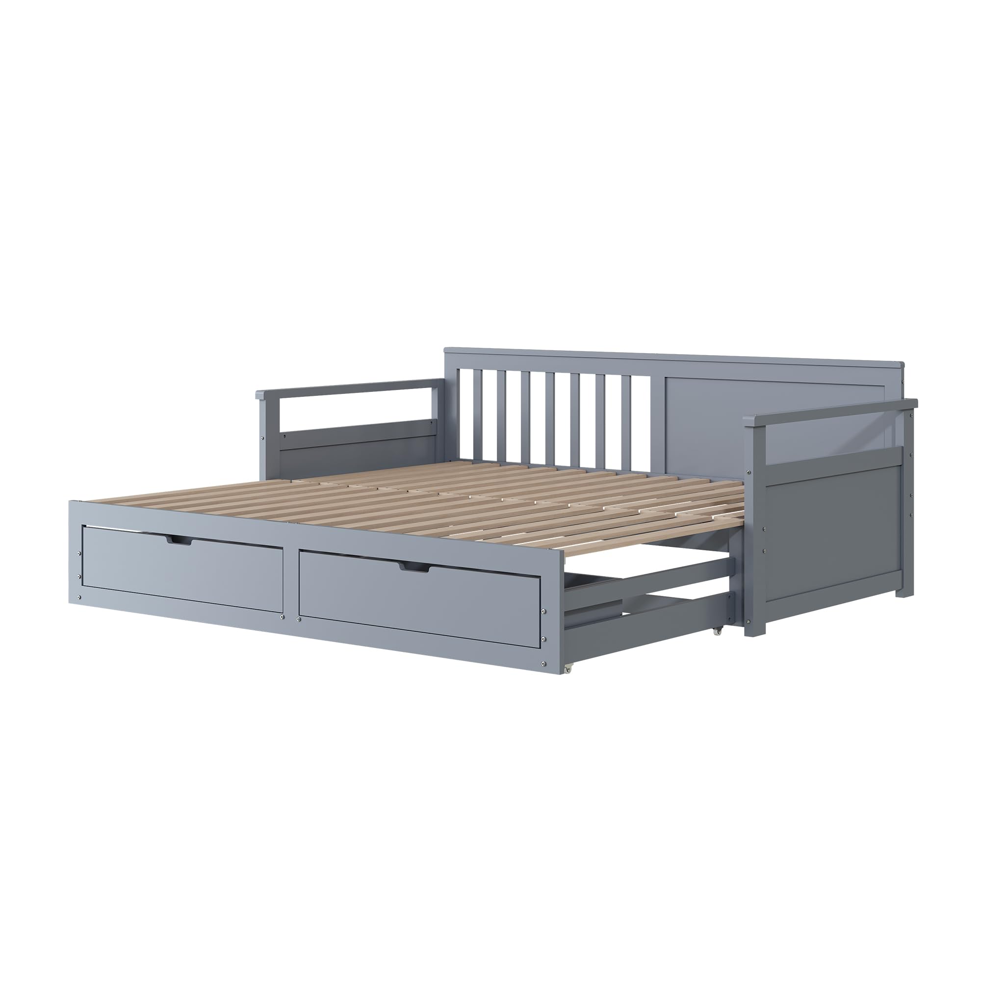 Tagesbett 90 x 190 cm, Ausziehbar auf 180 x 190 cm mit 2 Schubladen und Lattenrost, Platzsparendes Funktionsbett mit Rückenlehne und Armlehnen, aus Kiefernholz, Grau
