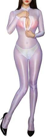 Freebily Womens Glossy Body Stocking Full Bodysuits See Through Mesh Sheer Mock Neck Zipper Jumpsuits