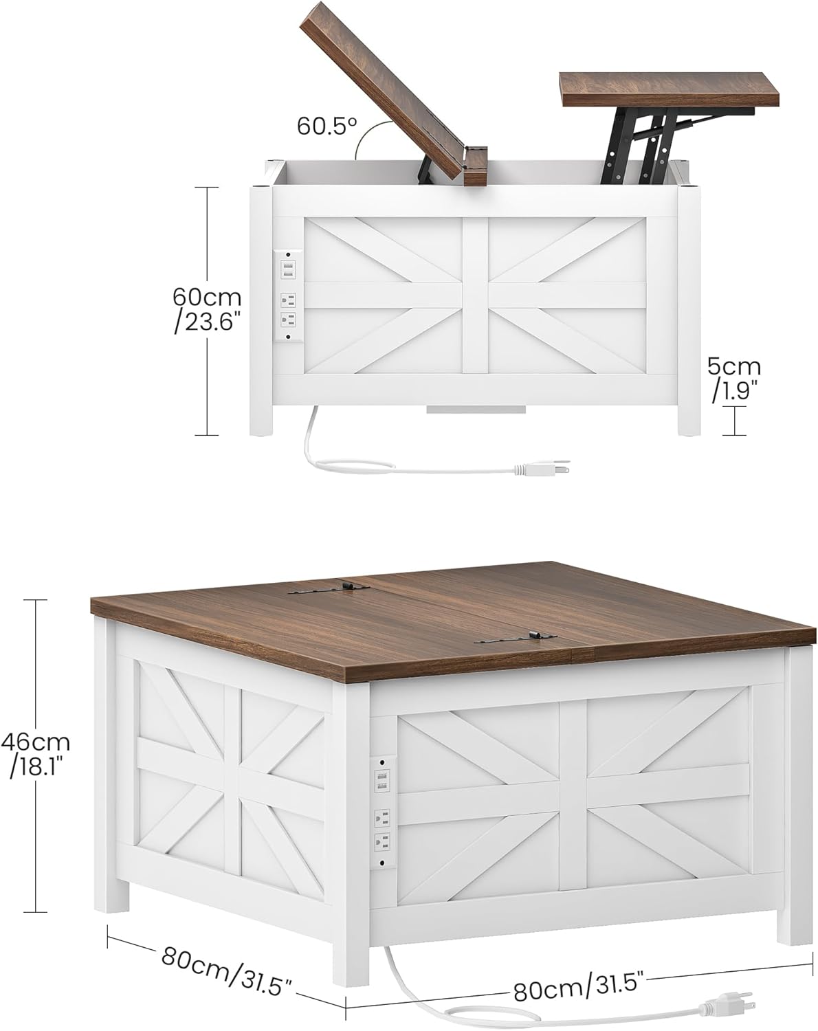 31.5" Lift Top Coffee Table, Farmhouse Coffee Table with Charging Station and Storage, 2 AC Outlets and 2 USB Ports, White and Walnut MKF02UWAN1