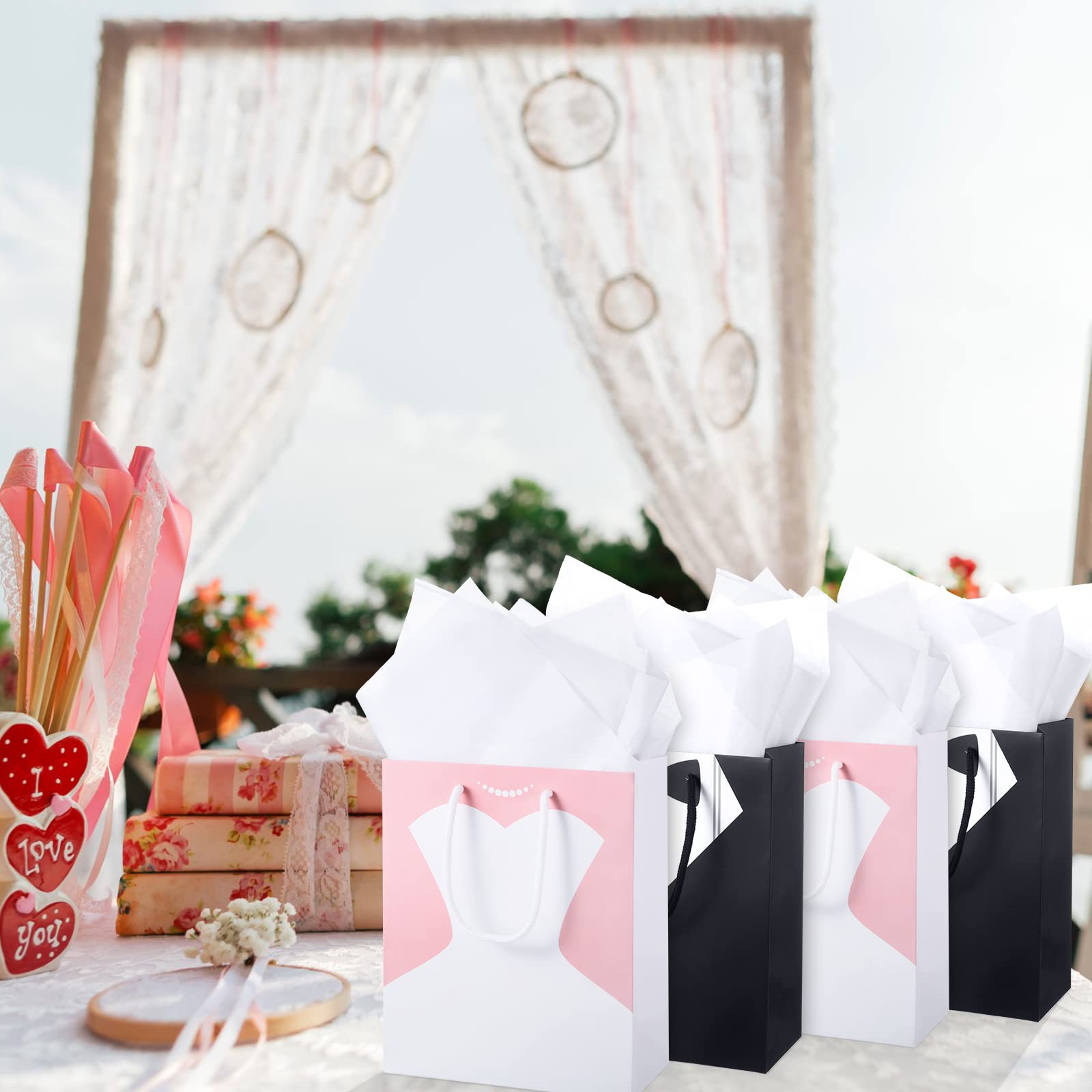 TaoBary Bridal Party Bags for 12 Guests - 9 x 7.5 x 3.5 Inch Bags with 12 Tissue Paper and Handle for Bridal Shower Proposal
