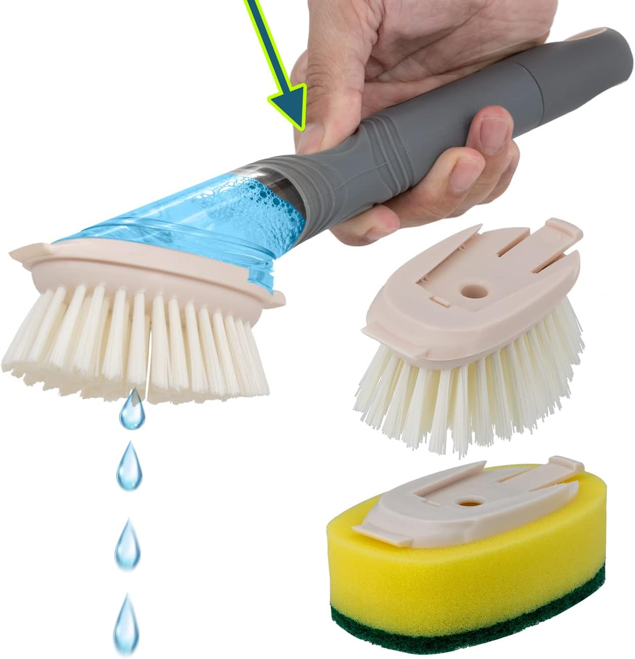 3 in 1 Cepillo con dispensador de jabón & Raspador &Esponja que no raya,Fácil de rellenar y reemplazar,Mango antideslizante TPR Ergonomía,cepillo de limpieza esponja para plato de cocina.
