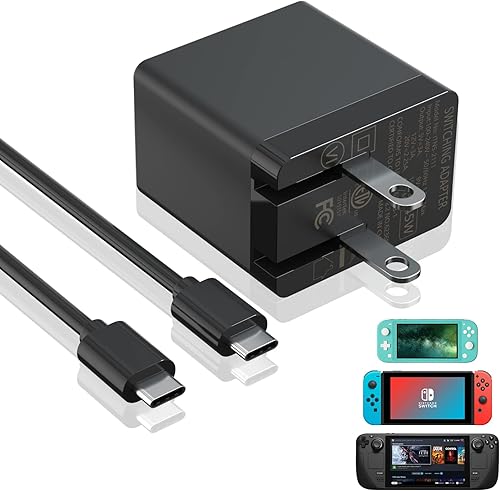 Cargador de cubierta de vapor, cargador rápido GaN de 45 W con cable tipo C a C de 3.9 pies, adaptador de CA compatible con Nintendo Switch, Switch