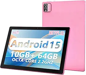 YQSAVIOR Tablet Android 13 de 10 Polegadas, RAM 10 GB + 64 GB ROM + 1 TB Expansível, Tela IPS, Câmera Dupla 2 + 8 MP, WiFi, BT, Rosa