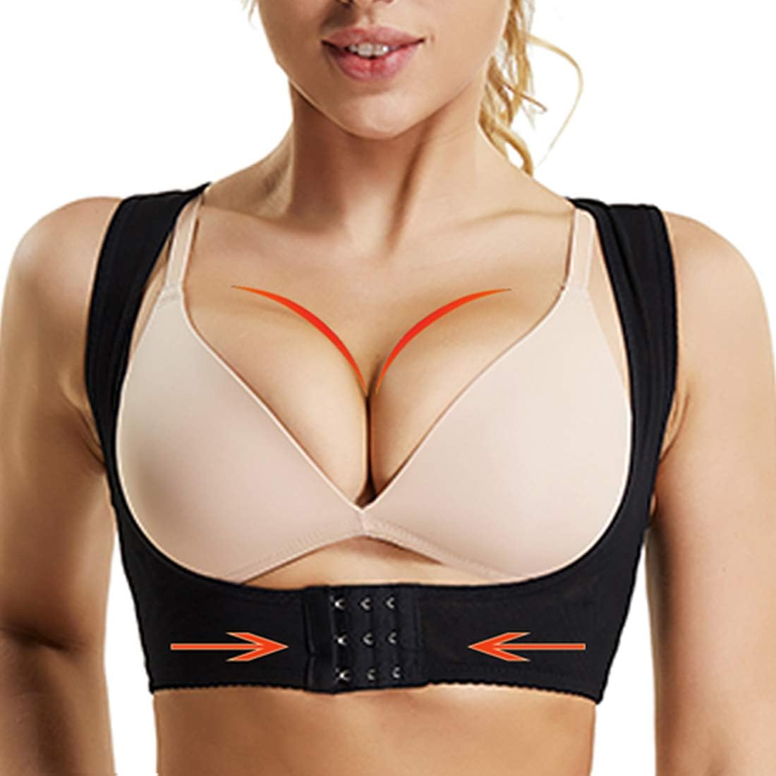WOWENY Chest Brace up for Women Posture Corrector Shapewear Bra Support Strappy Compression Vest (Black(X Strap), X-Large)