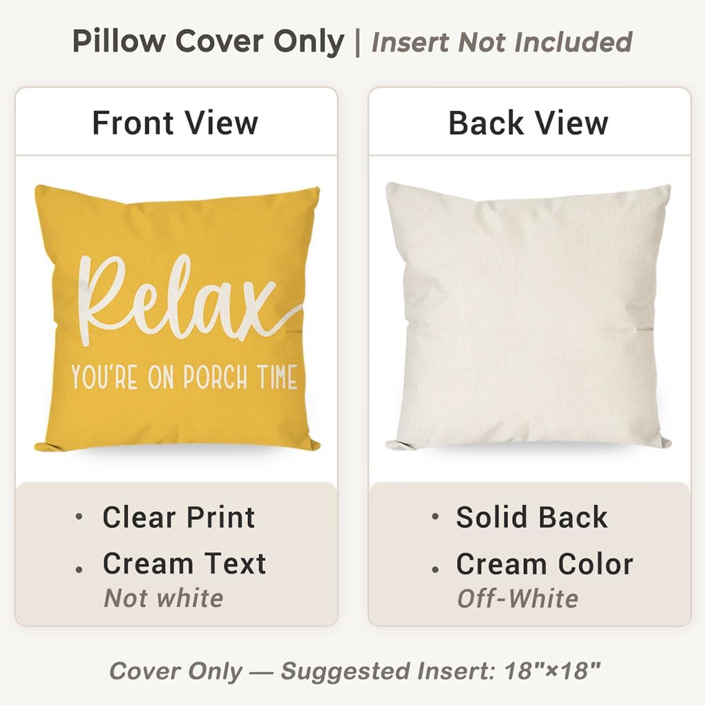 PANDICORN Farmhouse Throw Pillow Covers 18x18 Inch Relax Porch Time, Yellow image 4