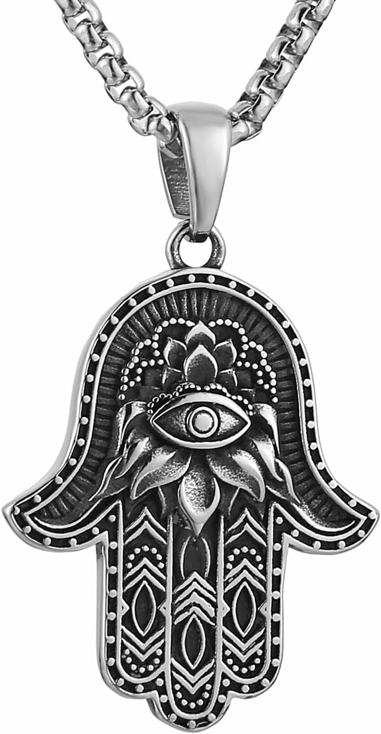 AsAlways Stainless Steel Hand of Fatima Pendant Vintage Amulet Charm Relief Carving Evil Eye Hamsa Hand Necklace Religious Gifts