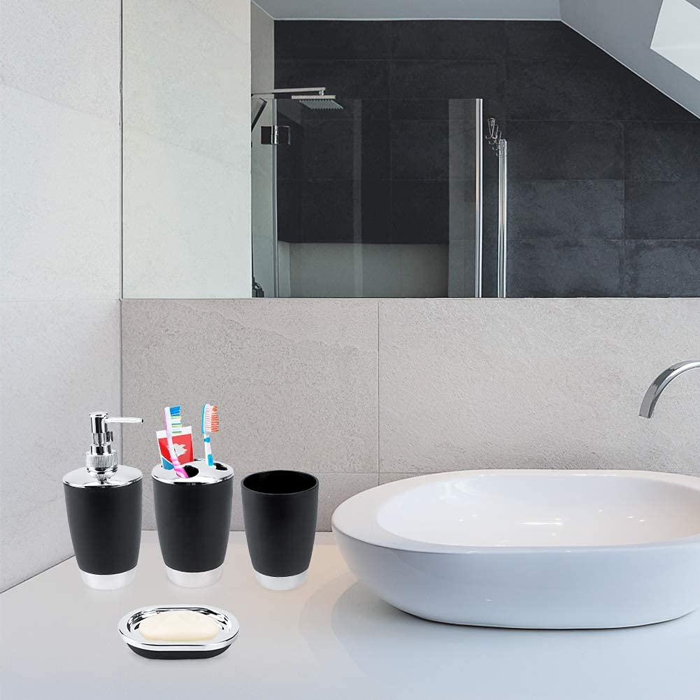 Ejoyous Set Accessori Bagno 6 Pezzi, Accessori Bagno Set in bambù con Tazza, Porta Spazzolino da Denti, Porta Zuppa, Bottiglia Disinfettante per Le Mani, Bidoni, Scopino