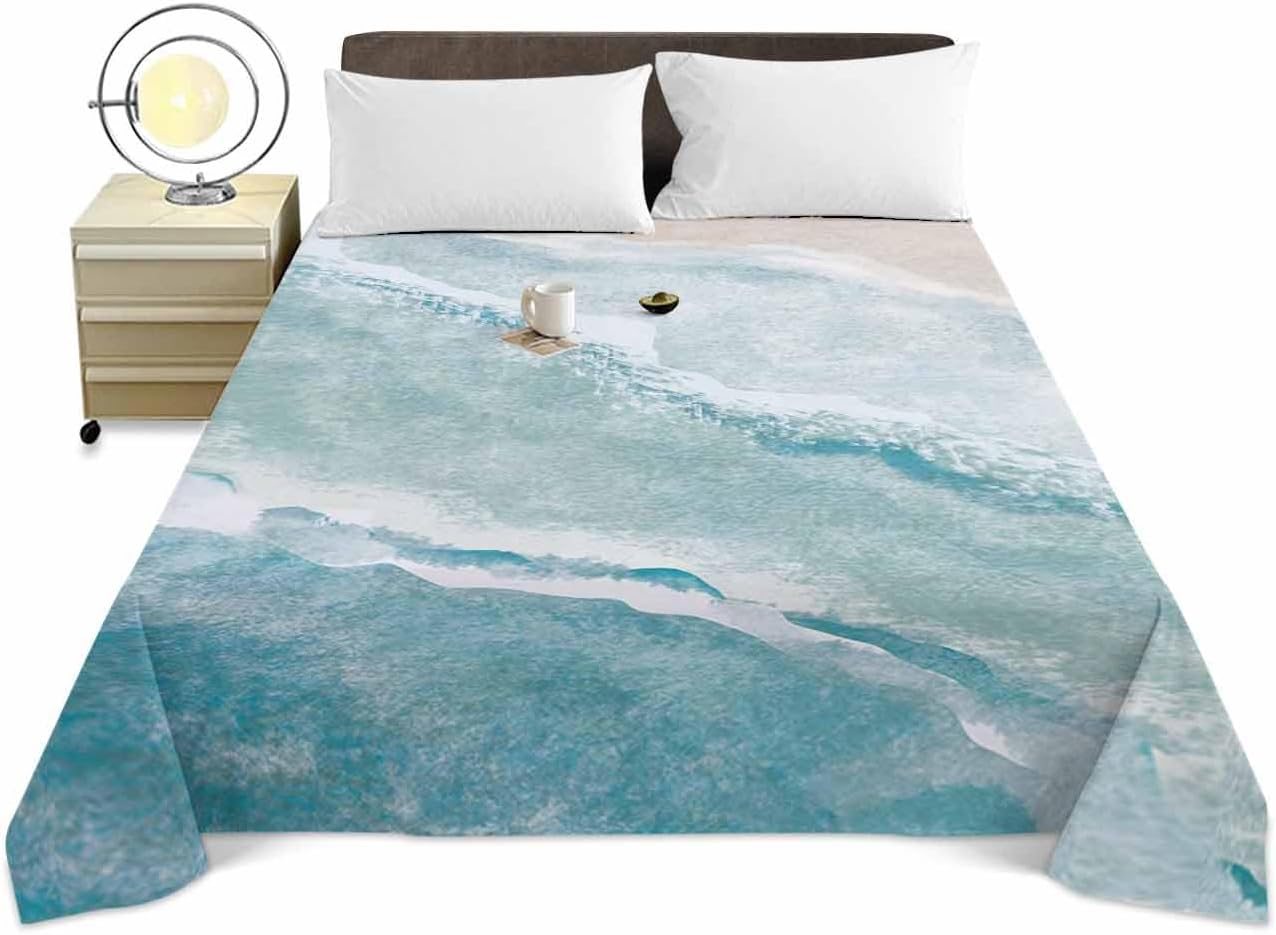 Cal King Size Top Sheet Only, Summer Beach Blue Ocean Wave Flat Sheet Microfiber Breathable Soft Bed Sheet, Watercolor Sea Water Gradient Hotel Luxury Bedding Flat Sheets for Bedroom