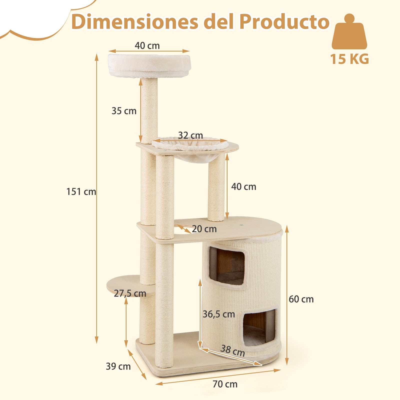 COSTWAY Árbol Rascador para Gatos de 151 cm, Torre Rascador de Escalada Gato con Poste Rascador, Condominio, Alfombra, Cama, Hamaca, Cojín Lavable, Centro de Actividades Multifuncional para Gatos