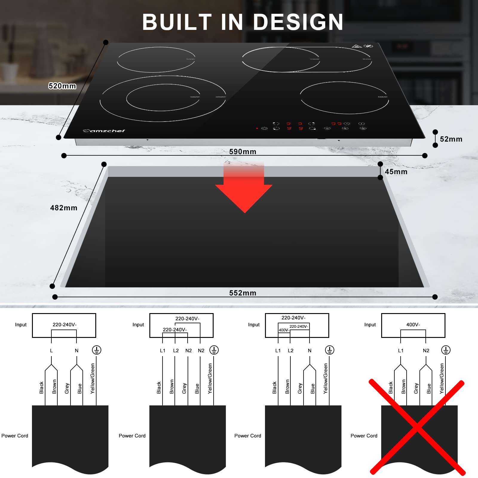 AMZCHEF Piano cottura in vetroceramica, 6600 W elettrico con 4 fuochi, 9 livelli di potenza, doppia zona, zona tostatura, funzione di pausa, controllo touch scorrevole, blocco bambini