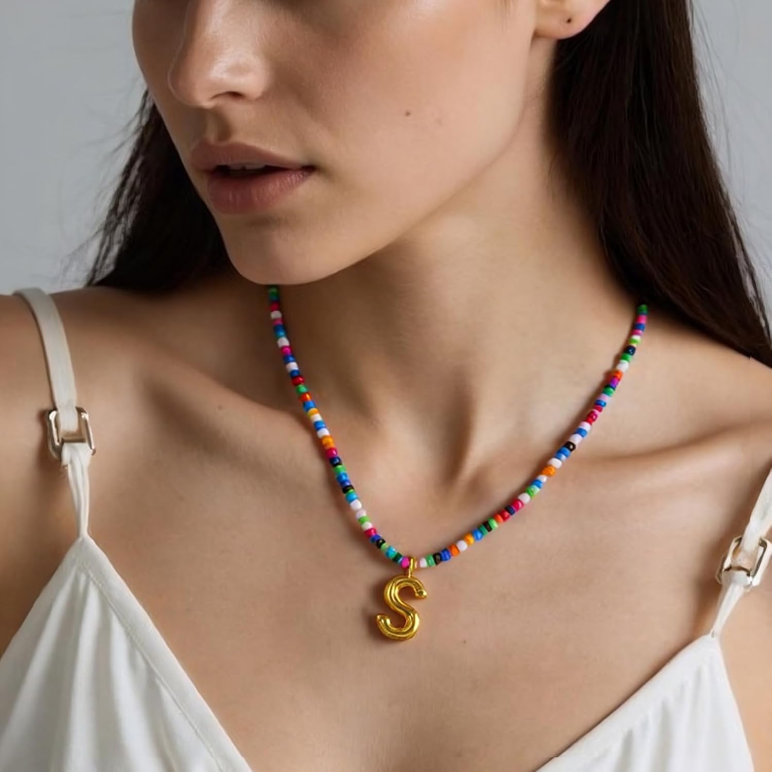 Initial Necklace for Women, Cute Colorful Beaded Necklaces, Gold Bubble Letter Choker Necklace, Summer Beach Boho Necklaces, Trendy Personalized Valentine's Day Jewelry Gifts - Image 3