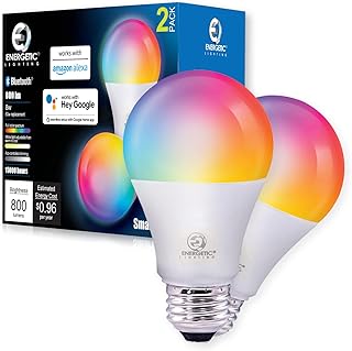 Energetic LED Smart Light Bulb Color Changing, Tunable White 2700K-6500K Dimmable A19 60W Equivalent, Compatible with Alexa, Works with Hey Google, Seamless Setup in The Google Home app, 2-Pack